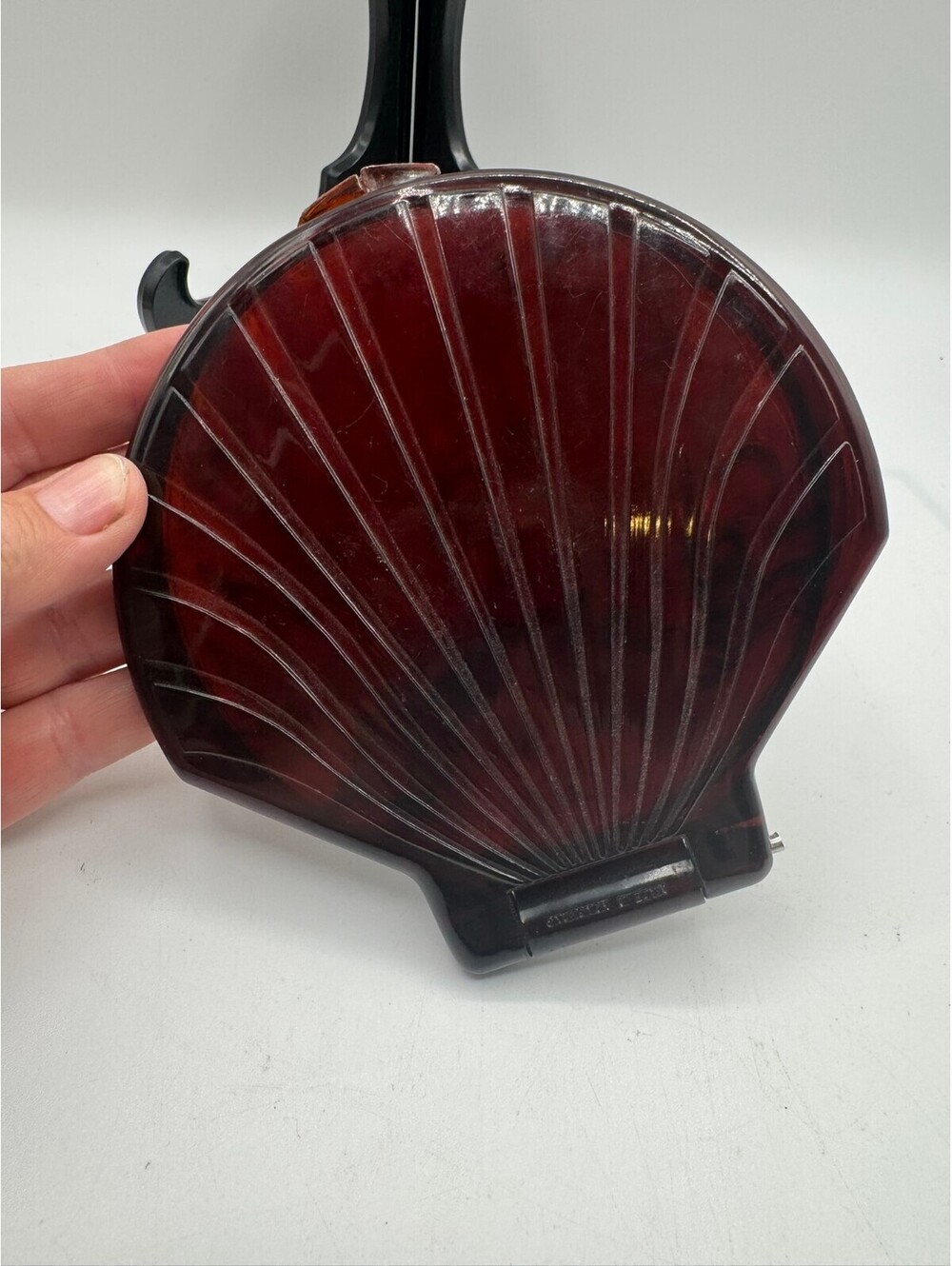 Vintage Shell Shaped Double Compact Mirror Tortoise Lucite Acrylic Hong Kong